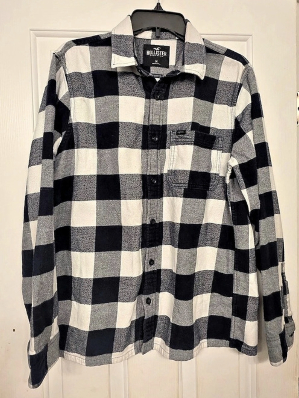 Hollister Long Sleeve Buffalo Plaid Flannel Shirt Black & White Medium